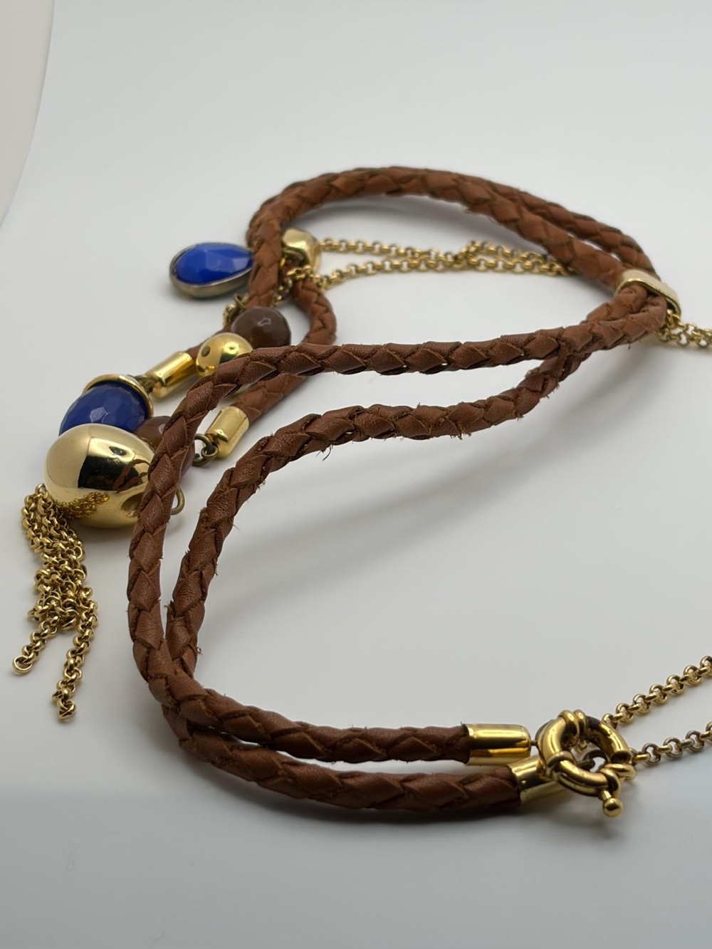 Massimo Dutti Braided Brown Leather Necklace with Gold Hardware and Blue Stones